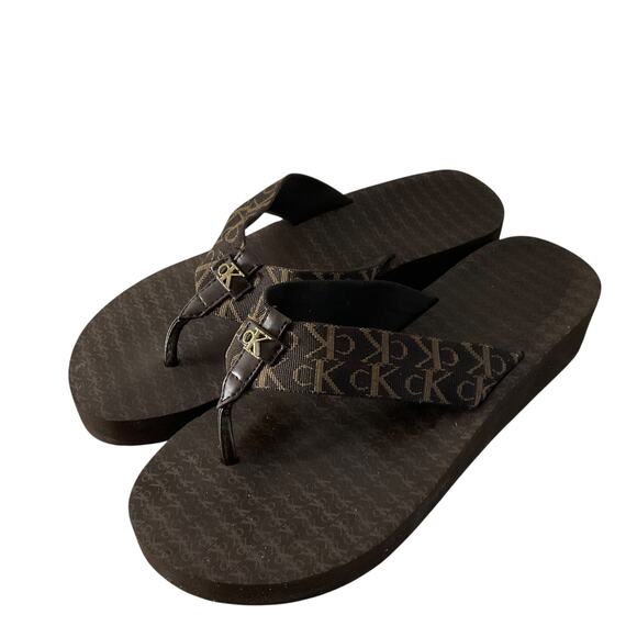 Calvin Klein Platform Flip Flop Shoes Womens Size 8M Brown Monogram CK Sandals - Picture 4 of 8